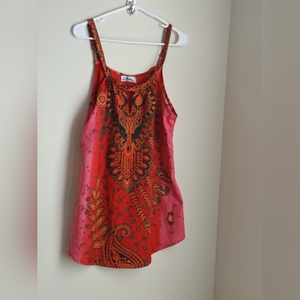 Lapogee Blouse Women Medium Pink and Orange Tunic Top Paisley Resort Academia
